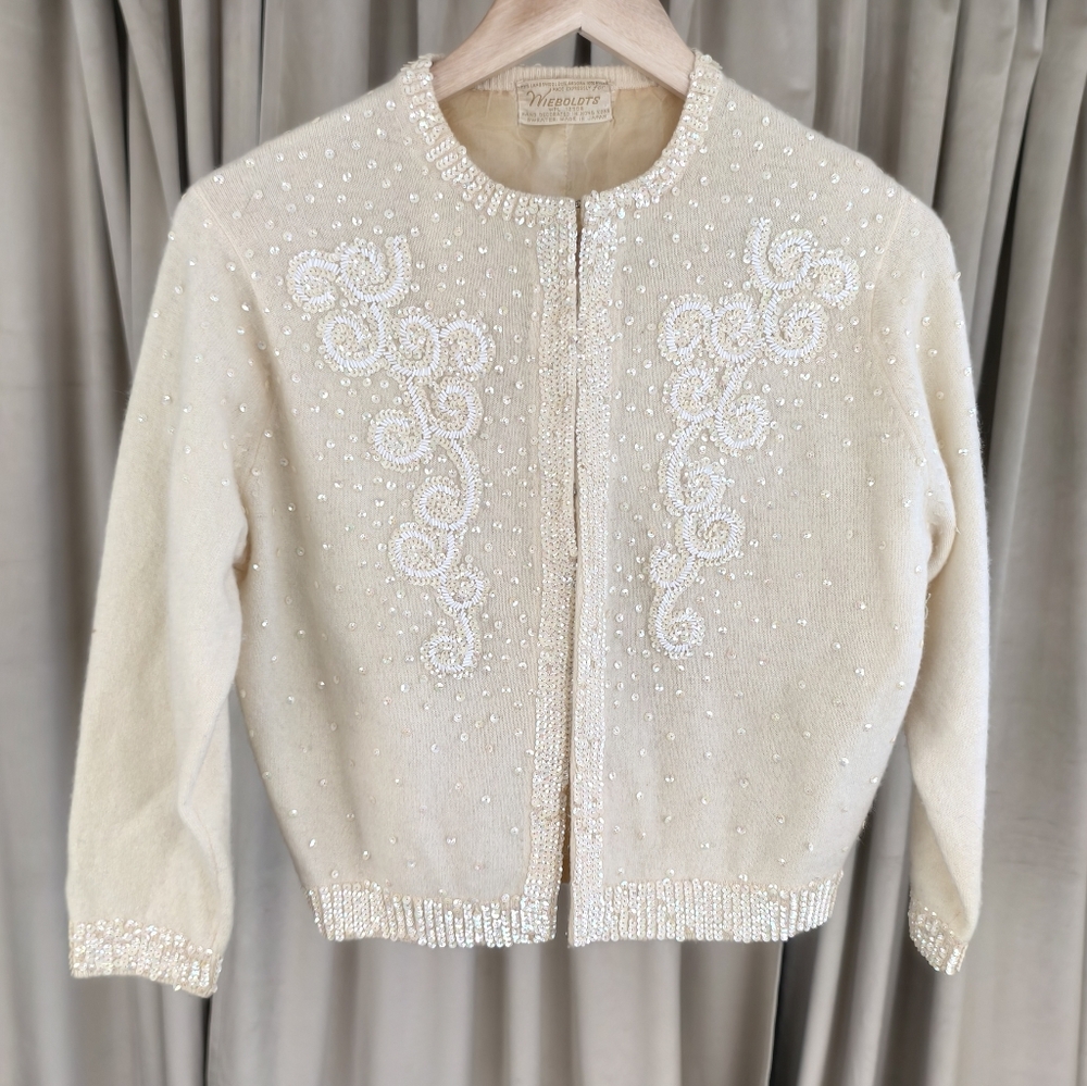 Vintage Wool and Rabbit Hair Cream Cardigan with Sequins Embellishments - Picture 5 of 8